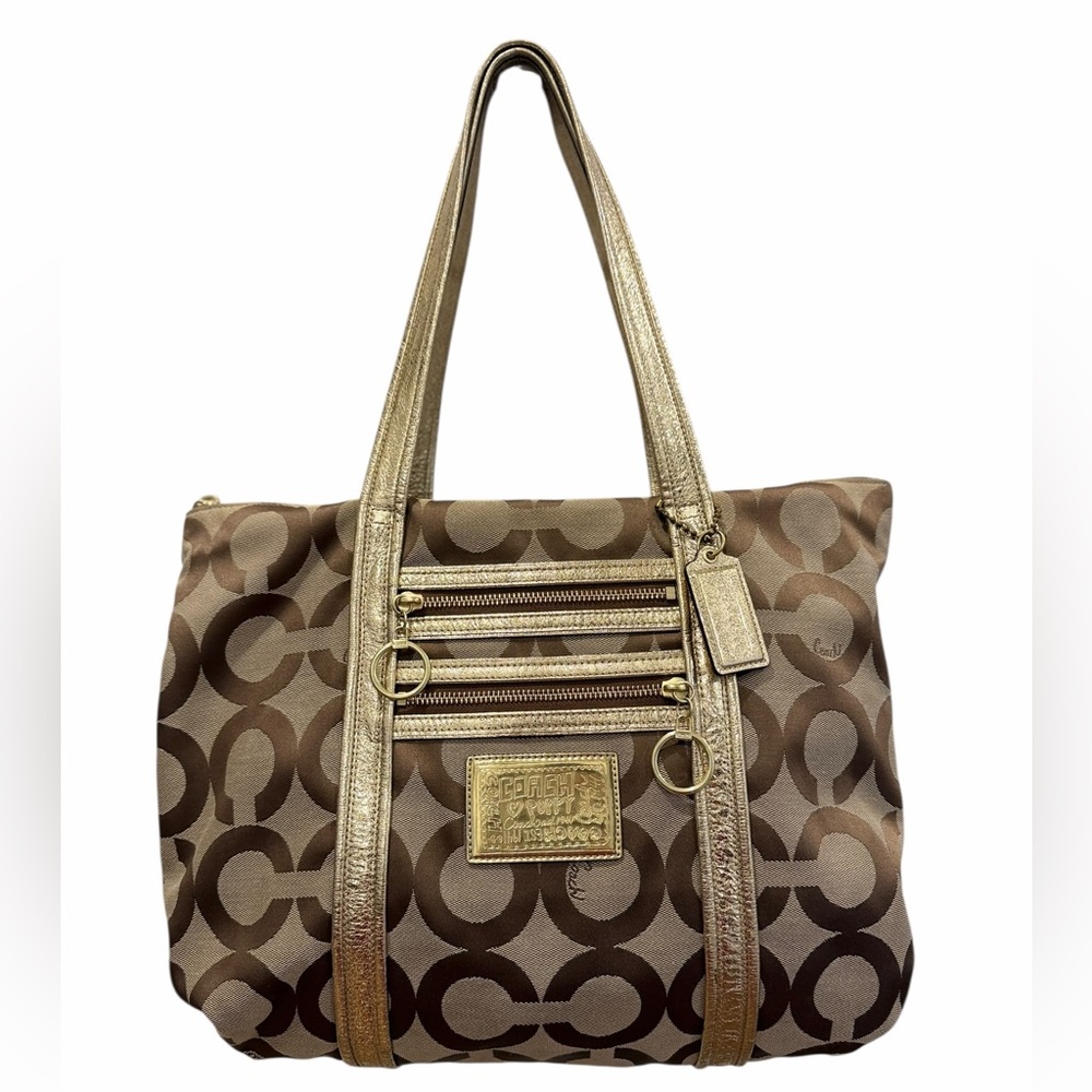 Coach Poppy Op Art Glam Tote Brown Gold Canvas Style 13826